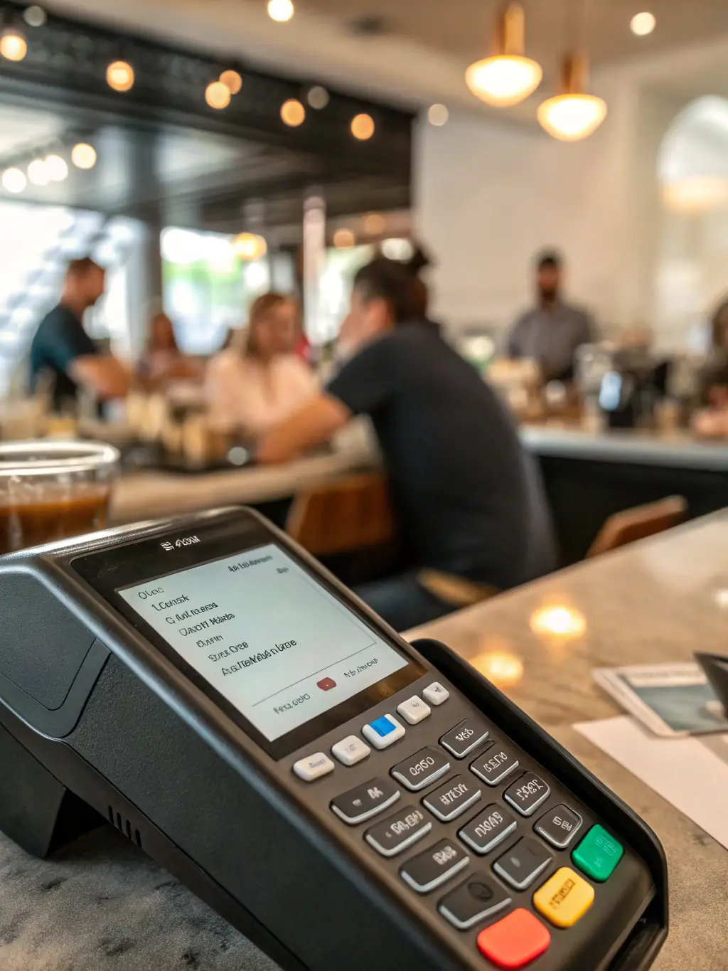 A modern card terminal on a shop counter, displaying a successful transaction with a happy customer in the background, representing seamless payment processing.