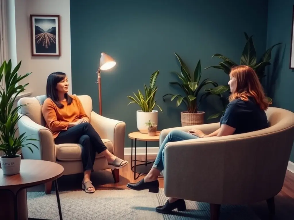 A serene image of a counselor in a peaceful office setting, advising a business owner who looks relieved and relaxed, symbolizing reduced stress through efficient supply chain management.