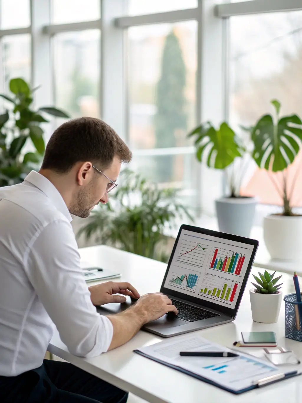 An image of a business owner reviewing financial documents with a consultant in a modern office.