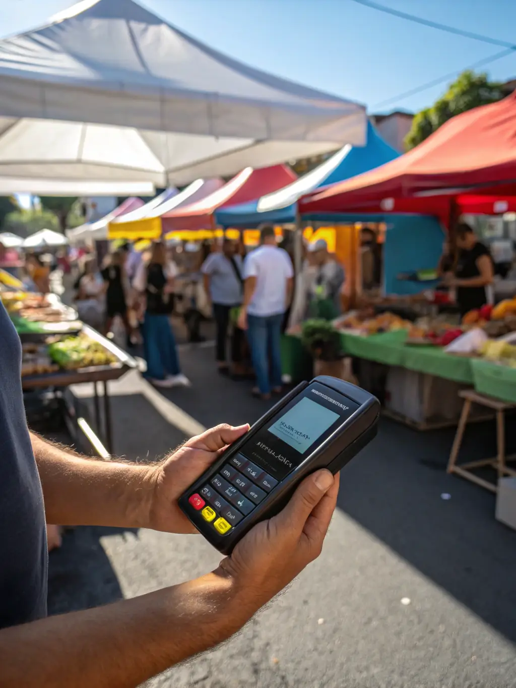 A portable card terminal being used at an outdoor market stall, with various products displayed around, showcasing flexibility in payment acceptance.