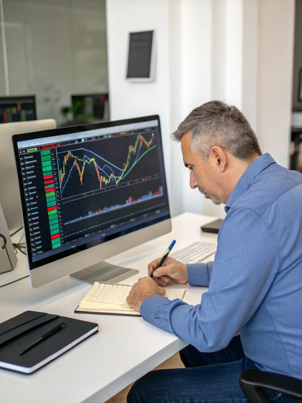 An image of a business professional analyzing currency exchange rates on a digital tablet with international banknotes in the background.