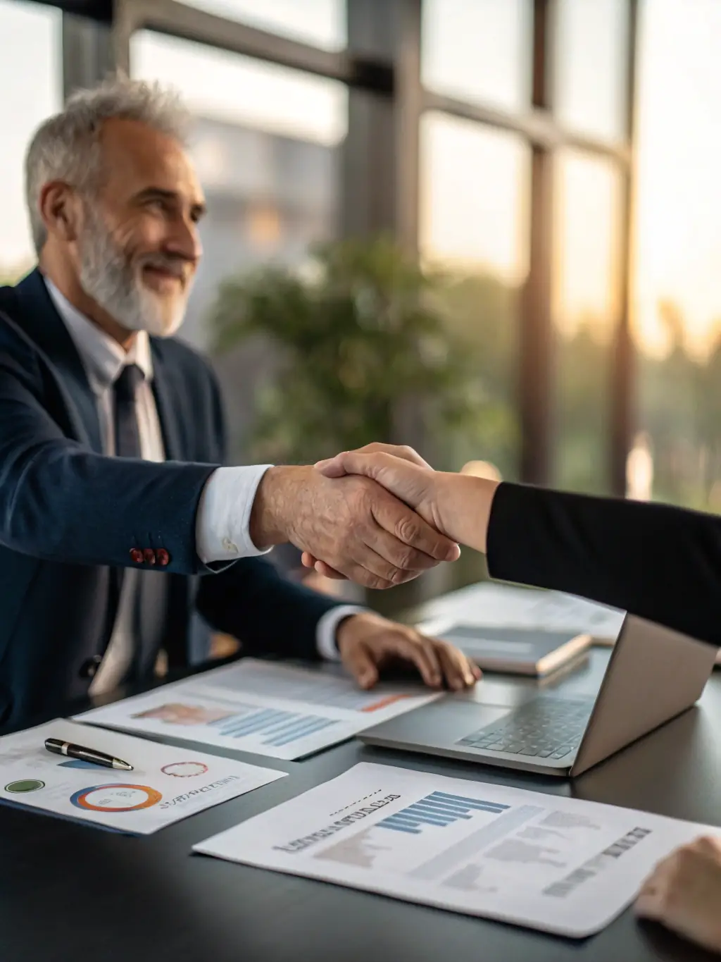 A professional shaking hands with a client over a table with documents, symbolizing successful business partnerships and funding.