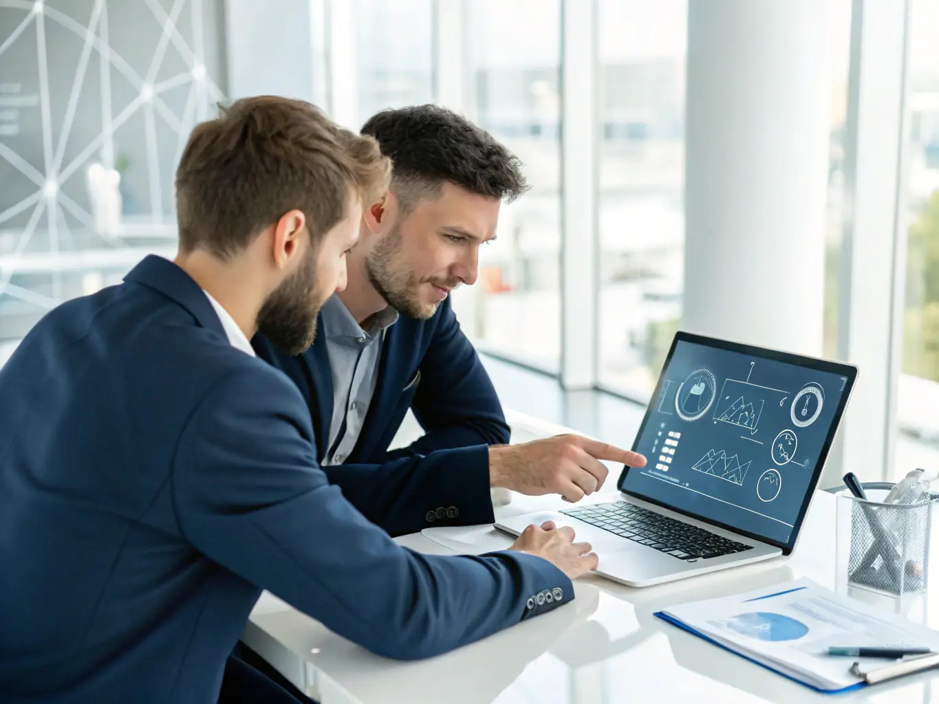 A consultant reviewing financial documents with a client in a modern office setting, symbolizing financial planning and business strategy.