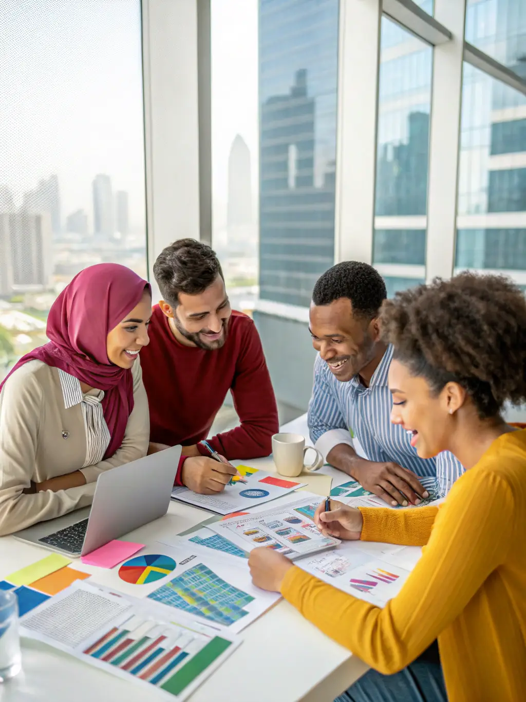 A diverse team of financial experts collaborating on currency risk management strategies, emphasizing Nimure's commitment to managing international transaction risks.