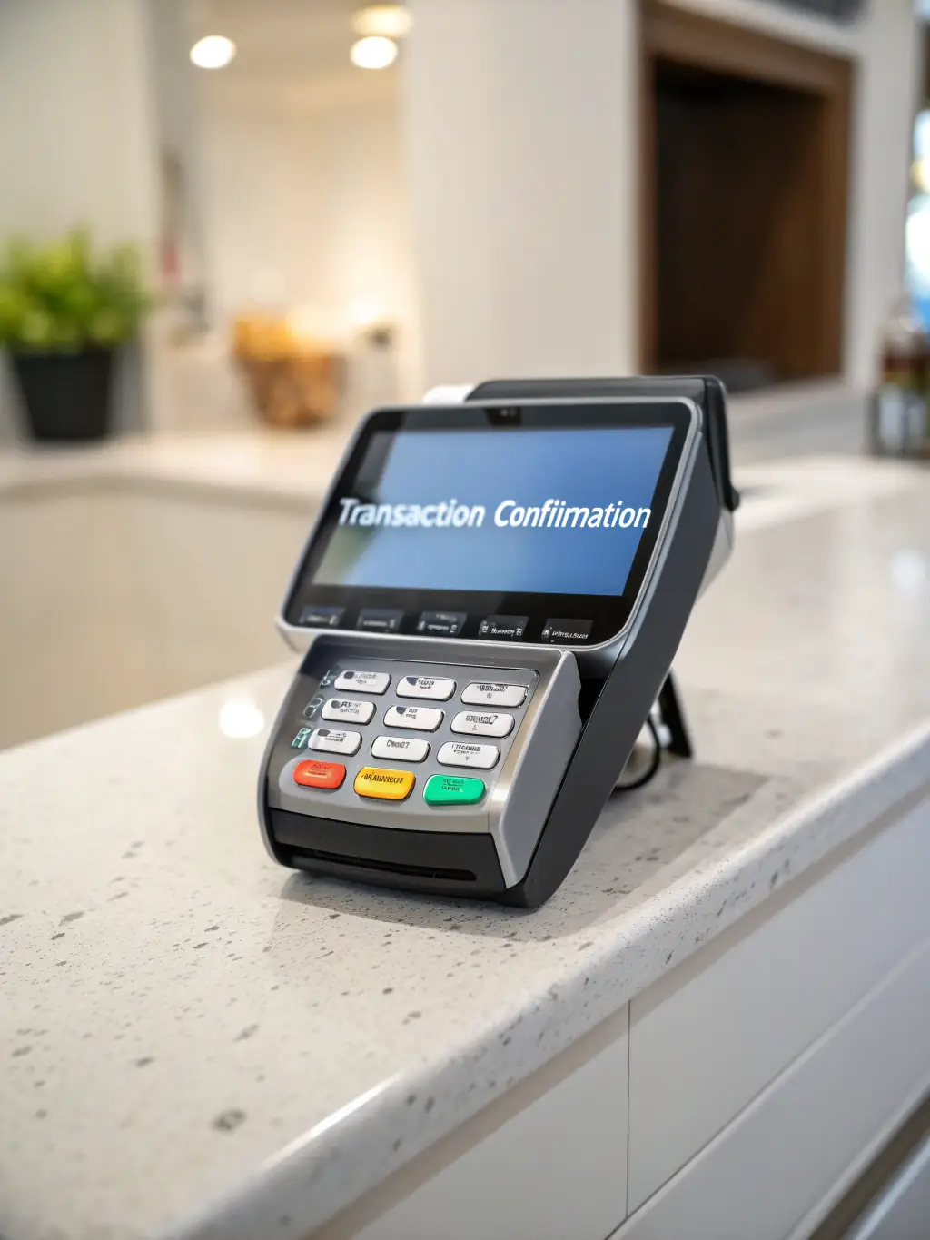 An image of a modern card payment terminal being used at a retail checkout counter.