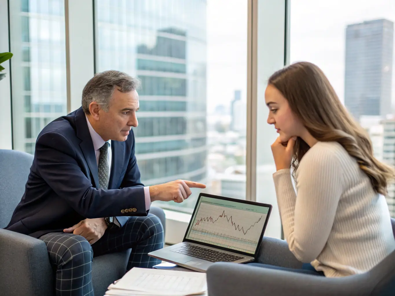 A professional consultant is advising a client on banking and foreign exchange strategies in a modern office setting, emphasizing financial expertise and tailored solutions.