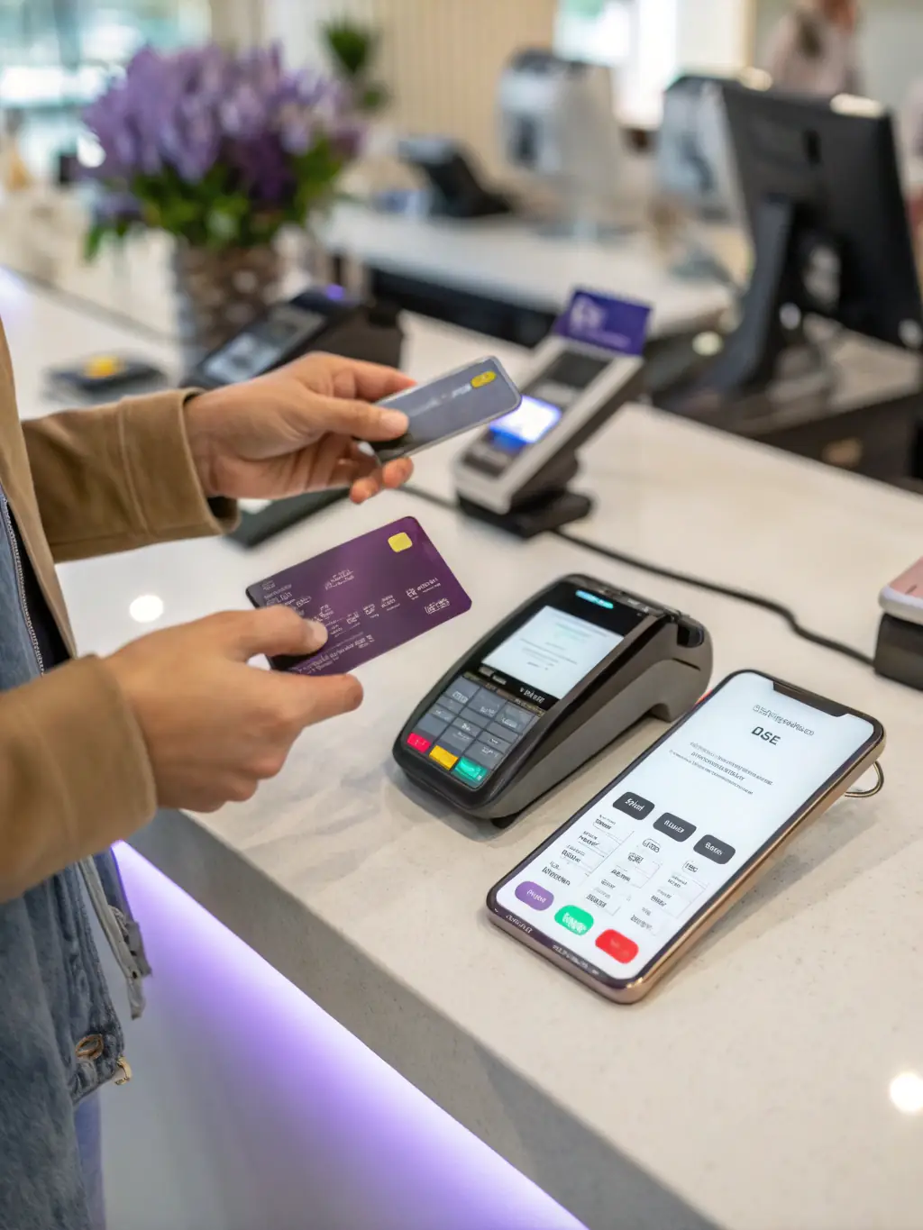A mobile phone displaying a payment app connected to a card reader, with a person making a payment, illustrating modern payment technology.