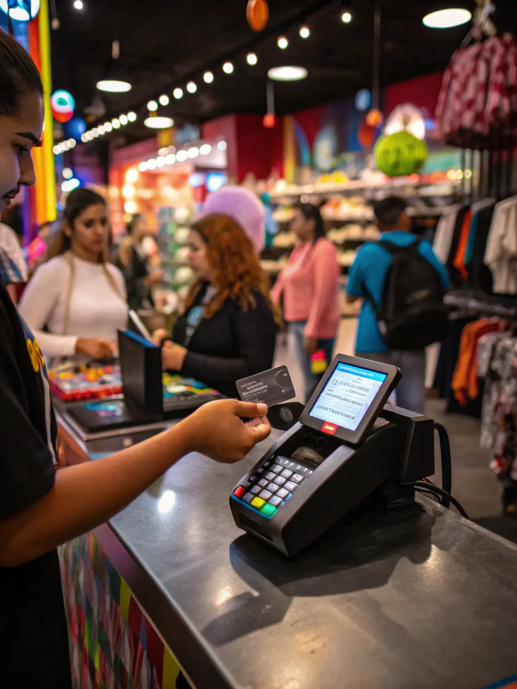 An integrated card terminal within a point-of-sale (POS) system in a busy restaurant, showing efficient order and payment management.
